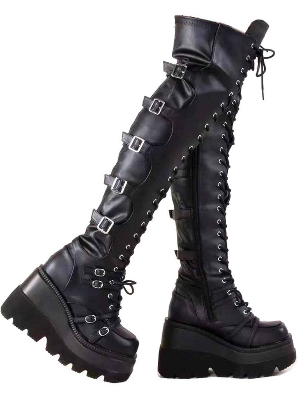 Goth Black Platform Thigh High Boots for Women - Chunky Heel, Rave, Motorcycle